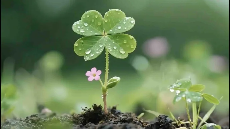 An AI close-up video of a single four leaf clover growing out of the brown dirt ground. On its stem single, small, pink flower is growing. The plants are covered in water droplets, like it just got done raining or dew drops. Behind the clover is a blurred out green field.