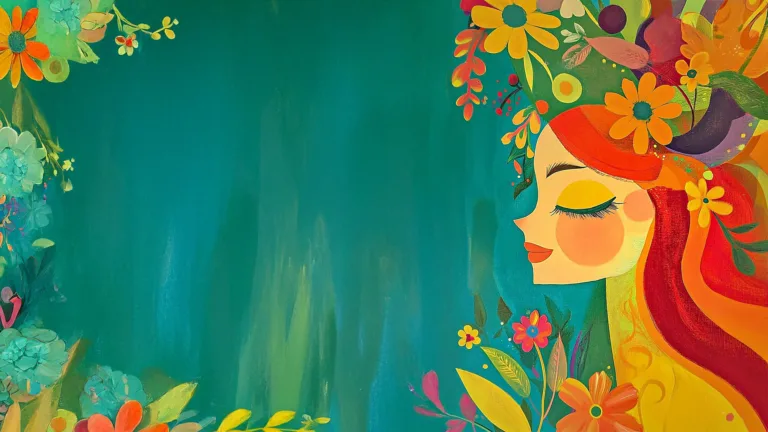 An AI painting background. On the right side is the side of women's face with here eyes closed. She is painted in orange and red shades, and her hair flows behind her. Behind and on top of the women are florals and greenery in man greens and warm toned colors. The left edge of the image is covered in similar foliage. The rest of the painting is filled in with teal paint strokes.