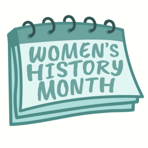 A drawing of a spiral bound calendar that is light blue with teal outlines. Written on the front page is 'WOMEN'S HISTORY MONTH' in the same teal color. The calendar tilts from side to side against a white background.