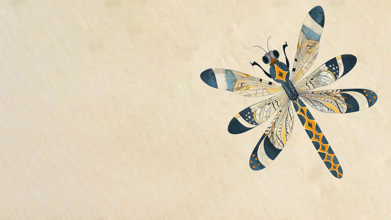 An AI drawing of a dragonfly using geometric shapes and lines. The bug is mostly gold, and blue in color. The rest of the graphic is filled with a light tan paper texture.