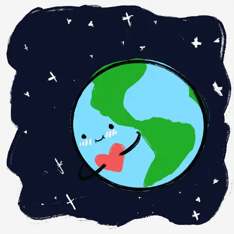An off-white background covered is a black splotch. Inside the black there are different, drawn, white dots and lines creating a night sky. A large light blue and green circle, making the Earth, sits in the center, slightly to the right. The hearth has a small happy, blushing face drawn in it. Two black lines are drawn on Earth to create arms. It is holding a beating red heart over the Earth's tummy. Everything in the gif slightly moves around.