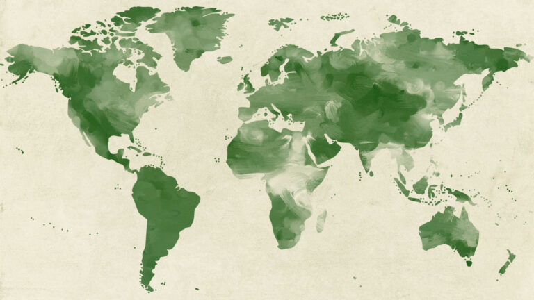 An aged paper background with a green painting of the Earth's map over top.