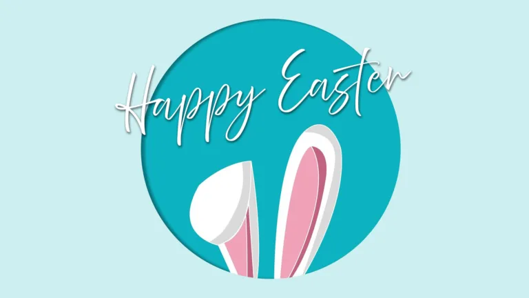 A light blue background with a large teal circle in the center. Sticking up from the inside the bottom of the circle are two white bunny ears with light pink skin. The left ear folds down. Above the ears says, "Happy Easter" in white, cursive, sans letters with a faint drop shadow.