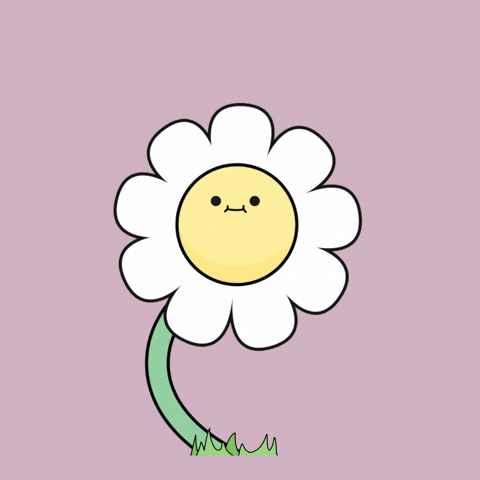 A desaturated, lavender background. A clip art daisy in the center dances by moving up and down. Its stem bends left to right, as it moves. The flower's stem is green, its petals are white, and is center is light yellow. In the center is also a small, black line, happy face.