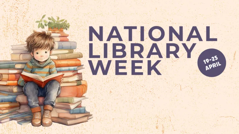 On the left side is an AI drawing of a boy sitting on and against a large stack of books. He has a large red covered book open and sitting on his lap. Next to the drawing are large, muted purple, bold, sans words, stacked and left aligned. They are 'NATIONAL LIBRARY WEEK.' Below the word national, on the right' is a circle in the it same purple. Inside the circle says, 19-25 April' in the same sans font, but white.
