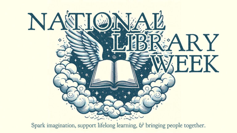A pale yellow background with a graphic that looks like a cut out print in the center. The graphic is an open book with two angel wings in the center of a night sky. Fluffy clouds along the bottom and the sky form a circle behind the book and wings. Stacked over and to the right of the graphic, slightly overlapping it are three large, serif words: NATIONAL, LIBRARY WEEK. Along the bottom edge, in small letters, says, "Spark imagination, support lifetime learning, & bringing people together." Everything is uses a muted blue color.