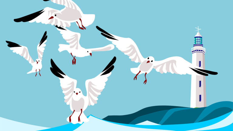 Four white seagulls fly over sea waves. A white light house is in the background on the right side. Everything is in a clip art style. The sky is a solid muted blue color.