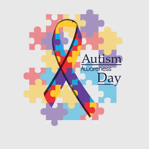 Faded red, yellow, purple, and cyan puzzle pieces are pieced together in the center of the gif. A remembrance ribbon is on top of the puzzle pieces. The ribbon shows the same puzzle pieces below it, but they are 100% saturated in color. During the gif, pieces of the puzzle pop up and get larger, then go back down. When the are large the pieces become 100% saturated. To the left of the ribbon is stacked text 'Austism Awareness Day.' 'Autism' and 'Day' are larger, underlined and use a serif font. Awareness is a lot smaller and uses a sans font, no underline. All the text is black. The background is light gray.