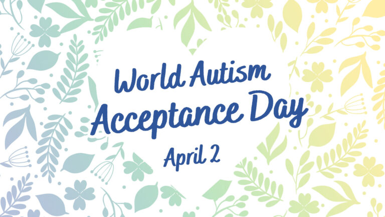 Pale floral and fauna cover the white background. The plants transition in a gradient from the bottom left to top right corners. The colors change from blue to green to yellow. Cut out in the center is a solid white heart shape. Tilted over the heart are bold, blue, round, cursive, sans words. It reads, 'World Autism Acceptance Day April 2.