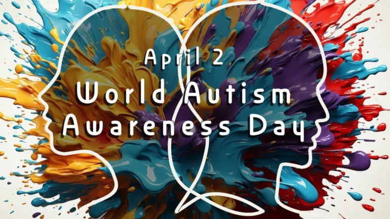 An AI image of paint splattering fills the background. A white, line drawing two bald heads facing away from each other covers the center. Inside the heads is covers the paint with a transparent black shadow. Centered, and over everything are bold, round, white sans words that say, "April 2 World Autism Awareness Day."