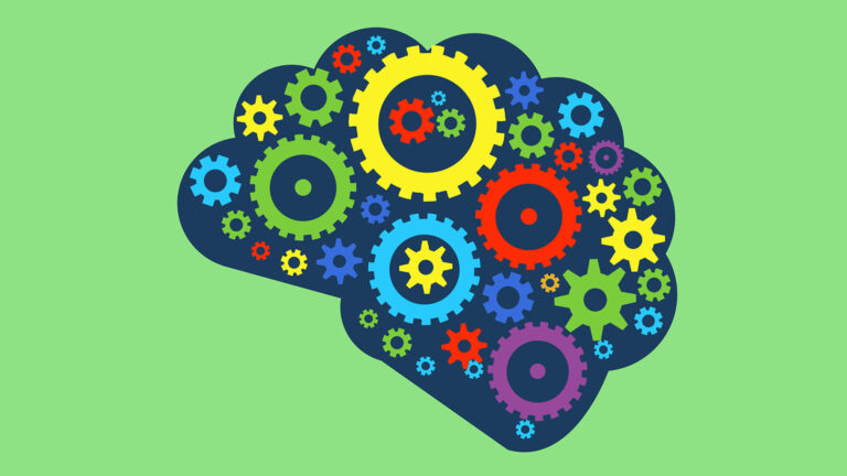 A bright, light green background with a large dark, navy human brain shape in the center. Filling the inside the brain are gear icons in various sizes and colors. The gear colors used are red, cyan, blue, green, and yellow.
