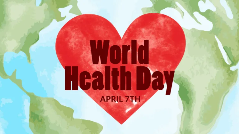 A watercolor painting of the earth fills the background. A large red heart covers the center of the graphic.The words 'World Health Day' are large and centered over the heart. A dark red-brown, bold sans font was used. Below the words is the date 'APRIL 7TH' in small, sans letters.