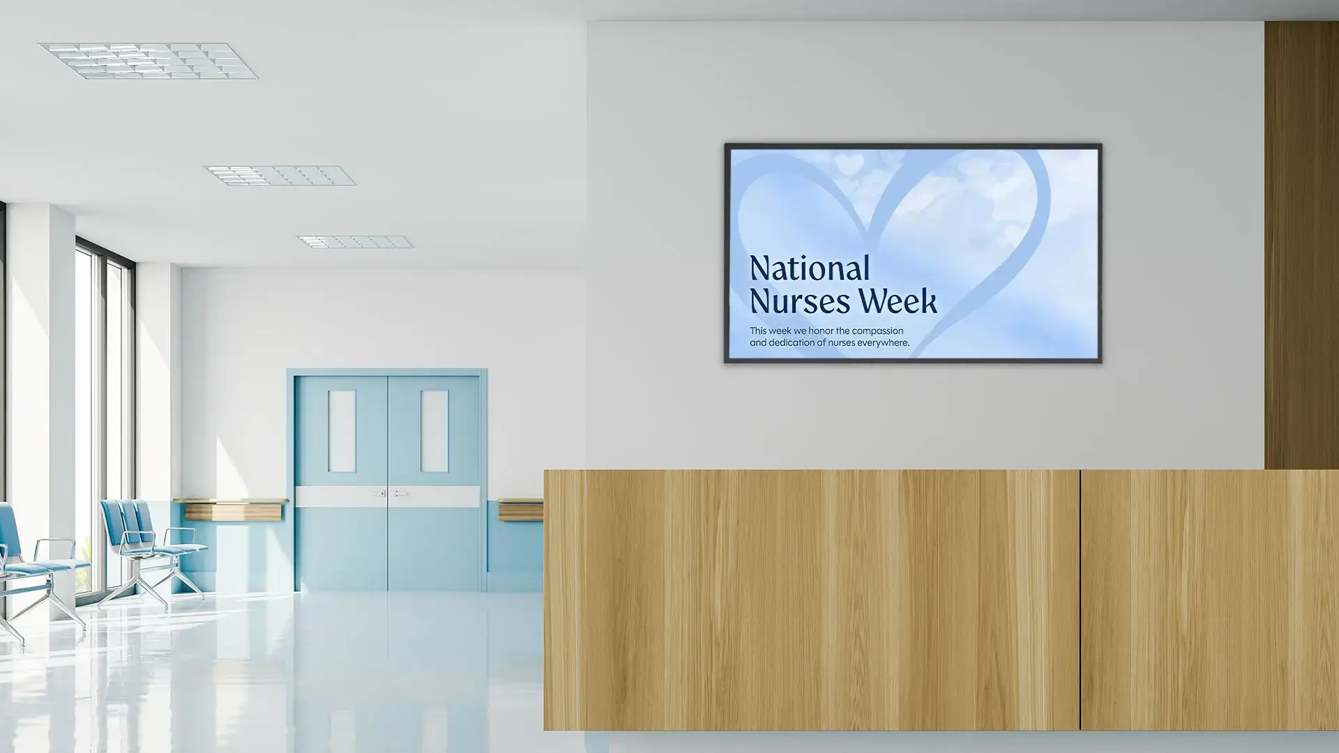 A digitally made hospital hallway with a screen displaying an Arreya monthly graphic for National Nurses Week.