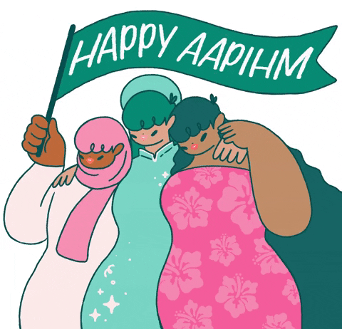 A drawing of three women standing together fill most of the gif. The left person is wearing a light pink long-sleeved shirt and pink hijab. She is holding up a teal flag that stretches over every one. The flag reads 'Happy AAPIHM' in large white letters. The middle woman is wearing a cyan dress and round hat. She has her arms wrapped around the other two people. The right person is wearing a hot pink strapless dress with a light pink hibiscus flower print. Her long black hair is flowing all the way down off the bottom right edge and corner. Everything in the gif is shifting around slightly.