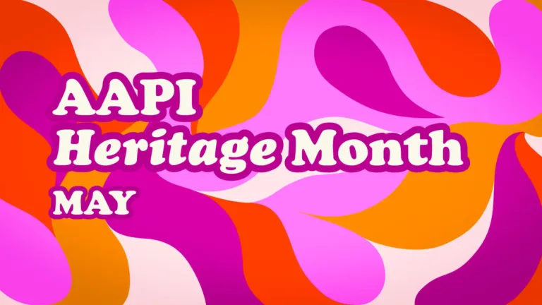 APPI Heritage Month May is stacked, left aligned from the center left of the graphic and over the entire image. A bold, white, serif font was used with a thick warm purple outline. The background is covered in a intertwined lines and shapes of solid colors. The colors include: warm purple, neon pink, orange, very light pink, and an orange-red.