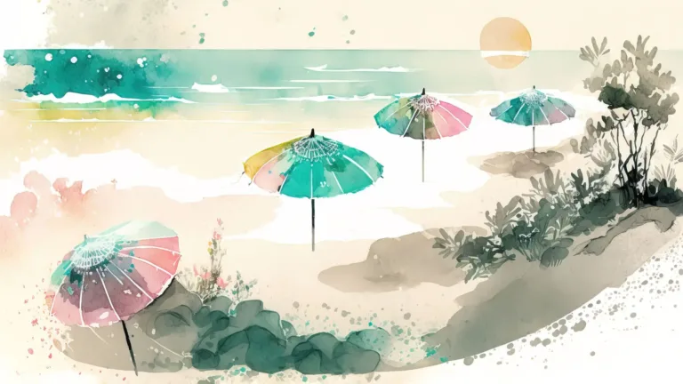 A digital watercolor painting of a sea side beach. Four umbrellas are stuck in the sand. A golden circle sun is setting against the teal ocean water in the top right corner.