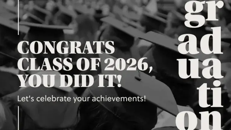 A dark, black and white photo of a crowd of sitting graduates with their caps on. A message is left aligned from the left into the center saying, 'CONGRATS CLASS OF 2026, YOU DID IT!" A bold, off-whire, serif font was used. Below in small, off-white sans letters says, "Let's celebrate your achievements!" A thin vertical, off-white, line is above and below the message. Vertically stacked in the entire right edge are large, off-white, serif letters that spell out the word graduation.