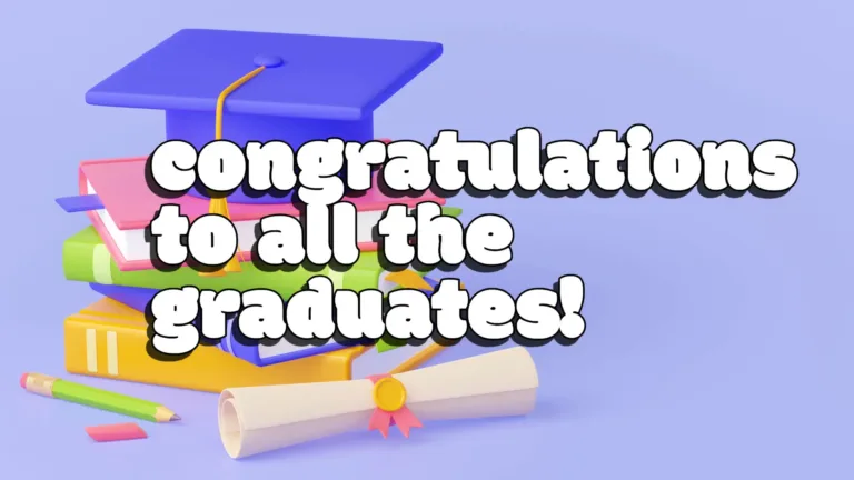 A lavender background. On the left is an ai graphic of a stack of textbooks, a rolled up diploma, pencil, and a purple graduation cap on top. Over top are bold white words what use a round display font and has a black drop shadow. It says, "congratulations to all the graduates!"