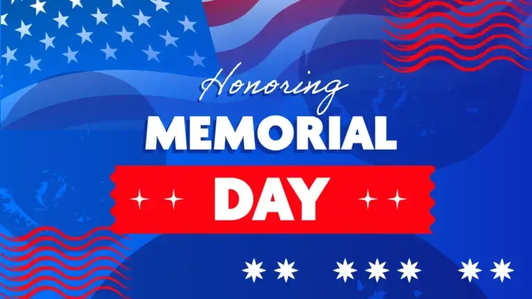 A royal blue background with a faint graphic if an American flag flowing across the top. Three large, dark blue, transparent circles overlay the entire graphic. Seven wavy, red lines, stacked, sit in the top right and bottom left corners. A line of seven white, eight pointed starts are along the bottom edge near the center to the bottom right corner. Stacked in the center are large white words. 'Honoring' is at the top in cursive. Then Memorial Day uses a bold, sans font. Day is on top of a large red rectangle. Two four pointed white starts sit in either side of the word day.
