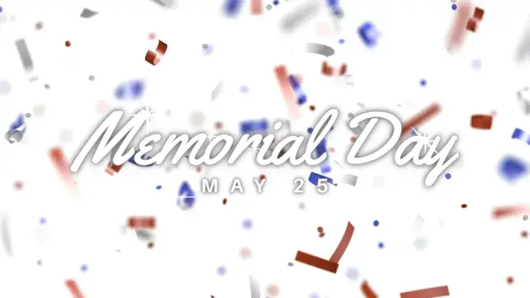 Red, white, and blue confetti falling down against a solid white background. Memorial Day is in the center if the graphic. A white, sans, cursive font with a drop shadow was used. Below it in a smaller, white, sans font says MAY 25, which also has a drop shadow.
