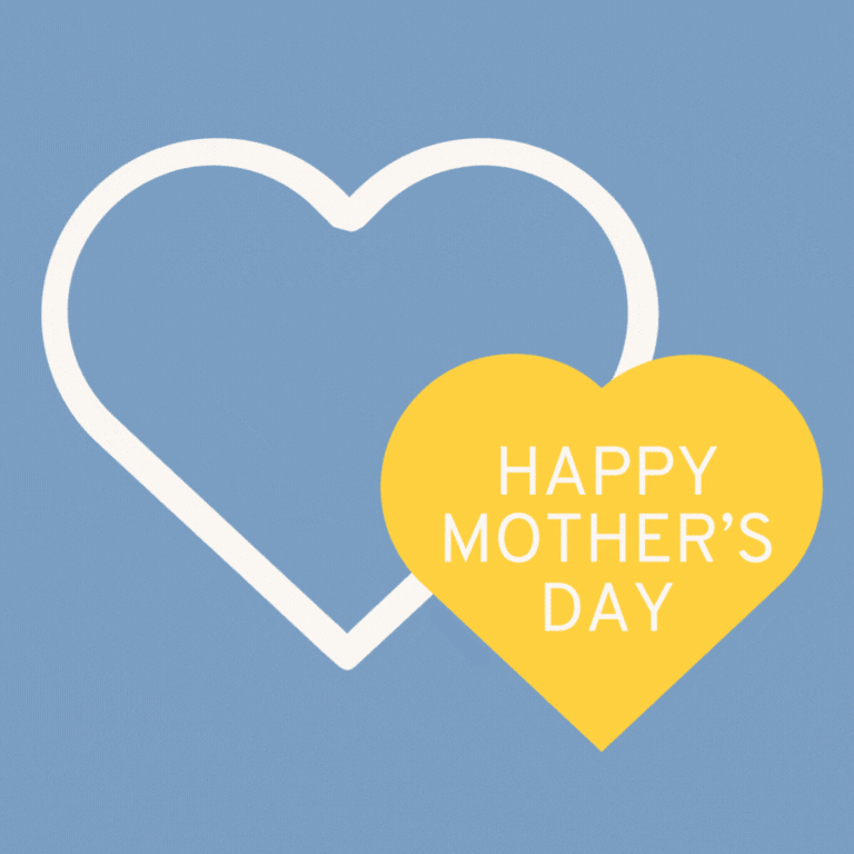 A dusty, muted light gray-blue background. Two heart shapes pulse and fill the center of the gif. The larger heart shape is to the left. It is made of a thick white outline. The smaller heart sits to the bottom right side of the other. It is solid yellow with the words 'happy mother's day' stacked inside. A think, white, sans font was used.