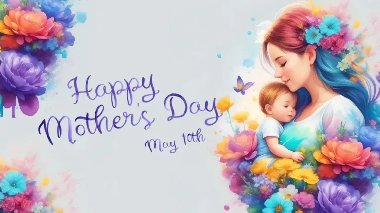 An ai painting of a mother holding her baby fills the right side. They are surrounded by bright colorful flowers. The same flowers are also in the top and bottom left corners. Tilted in the center says, "Happy Mother's Day May 10th." A purple, cursive, watercolor font was used. The background is a solid light gray color.