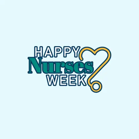 A solid light blue background with three stacked words and an icon in the center. The center graphics is pulsing up and down. It reads' Happy Nurses Week.' Happy and week are in a white, sans font with a dark blue outline. Nurses is large, teal serif with a dark blue outline. A yellow stethoscope icon surrounds the right edge of the words. The top of it loops into a heart shape.
