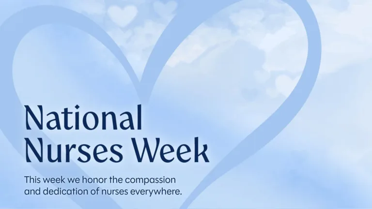 A light, muted, sky blue background filled with fluffy clouds and heart shapes. The top left to bottom right of the graphic is covered in the a solid gradient of the same blue color. A Drawing of a large heart outline fills the left side and middle. Left aligned in the bottom left corner is text. Large at the top reads, "National Nurses Week." Then below in much smaller letters says, "This week we honor the compassion and dedication of nurses everywhere." A navy, serif font was used.