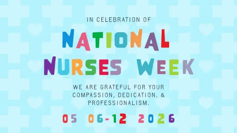 A light blue background with very light blue medical crosses and hearts faintly over it in a pattern. Stacked in the center is a message. At the top reads, 'IN CELEBRATION OF' in small, black, thin sans letters. Then 'NATIONAL NURSES WEEK' is in large cut out, multi-colored, sans letters. Below is a sentence using the same font as 'IN CELEBRATION...' that says, "WE ARE GRATEFUL FOR YOUR COMPASSION, DEDICATION, & PROFESSIONALISM." At the bottom is the date 05 06-12 2026, which uses the same cut out letters as before, but smaller.