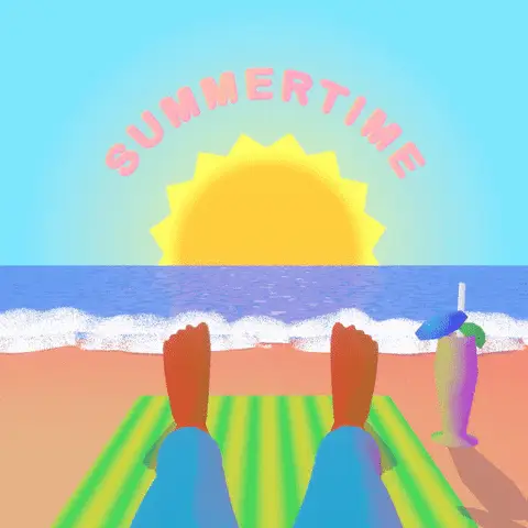 Gif from the perspective a person laying on a green and yellow striped towel with their feet stretched out, so their jeans are visible. The are at a pink-orange sand beach with the sea waves crashing in as white. A large read crab comes out of the sea and walks to the left off the gif. A tall pink glass with two small umbrellas and a straw sits to the right of the towel. A light blue sky with a large yellow sun setting over the sea is directly in front of the person. The sun is rotating counter clockwise. Arched over the sun is the word 'summertime.' A bold, pink sans font was used.