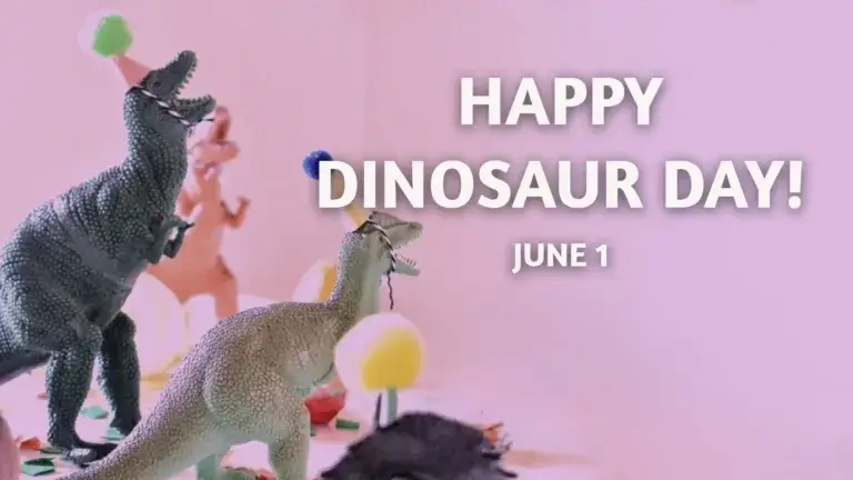 On the left side of the graphic is a photo of plastic toy dinosaurs wearing party hats made out paper, pompoms, and string. The background is bright pink. Near the top right corner are the words, 'Happy Dinosaur Day! June 1' centered and stacked. A bold, white, sans font with a drop shadow was used.