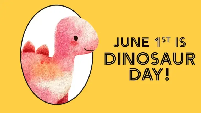 A bright goldenrod background. A white oval with a black outline covers most of the left side. An ai image of a fluffy pink dinosaur toy is sticking it's head out of the white oval as if it is a frame. The rest of the toy is hidden under the goldenrod background. Stacked, centered, on the right side are a few lines of words. A black, decorative line, sans font was used. It reads, "JUNE 1ST IS DINOSAUR DAY!"