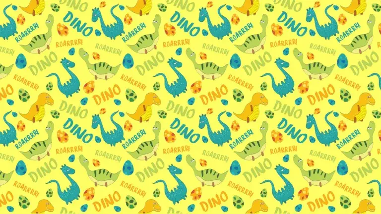A bright yellow background covered in drawings of dinosaurs and related words. There are teal, green, and orange dinos and words. The words used are: DINO and ROARRR.