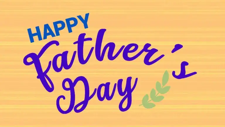 A light orange and yellow horizontal striped background. Three large words over the center of the graphic. At the top, near the left, is 'HAPPY' in a bold, blue, sans font. This is the smallest word. Arched in the center is 'Father's,' and below near the bottom is 'Day.' A large, bold, indigo, cursive font was used. Next to the word day is a light green leafy branch icon.