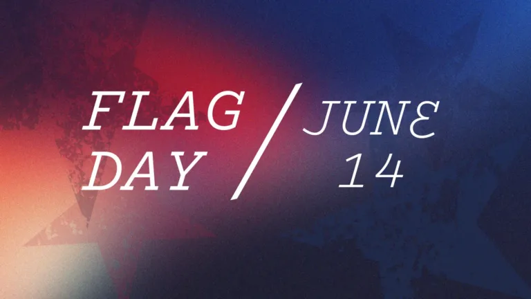 A dark blue, navy, and red gradient background. Italic, white, serif words are in the center of the graphic. Stacked on the left side are the two words 'Flag Day'. The words are the largest and boldest. 'June 14' is stacked in the right side, and uses a smaller, less bold font size. A diagonal white line separates the two sides.