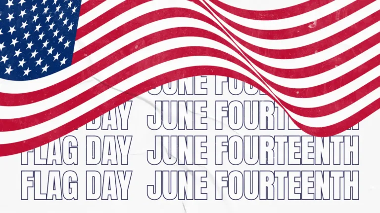 A white background that has a faint wrinkled paper texture. A clip art American flag covers the top half of the graphic. It appears to be waving in the wind. Under the flag is a line of words repeated four times. It reads, "Flag Day June Fourteenth." Some of the words get covered up by the flag. A white, sans font with a thin blue outline was used.