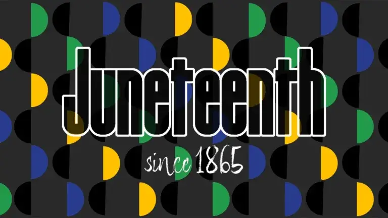 Green, gold, and blue half circles create a diagonal line pattern over the graphic. The colorful half circles alternate with solid black half circles. The background is a very dark gray. In the center is the large, black, sans, word 'Juneteenth' with a white outline. Centered, below, is the words, 'since 1865' in a white, distressed, handwritten font.