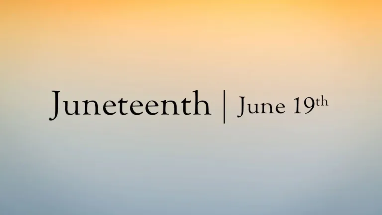 An orange to white to light blue gradient covers the graphic. Horizontally across the center are the words, 'Juneteenth | June 19th." A black serif font was used. The date is slightly smaller in size than the rest.