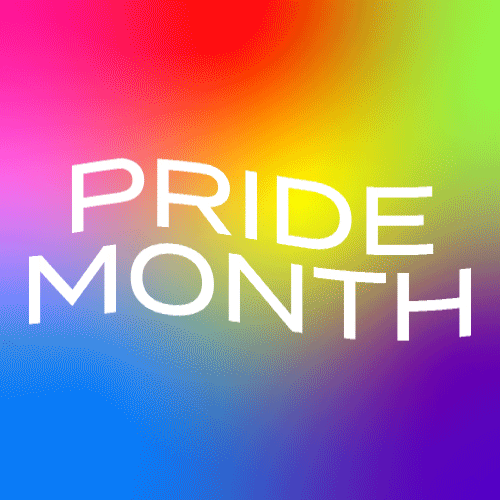 A rainbow gradient background. 'PRIDE MONTH' is stacked in the center of the gif and is moving in a wave motion. A white, sans font was used.