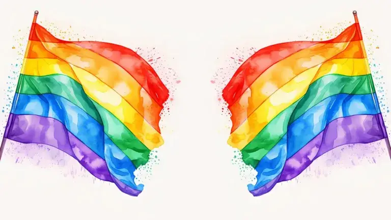 Two digital watercolor paintings of rainbow striped flags are on either side of the graphic and flow inward. The background is a solid off-white color.