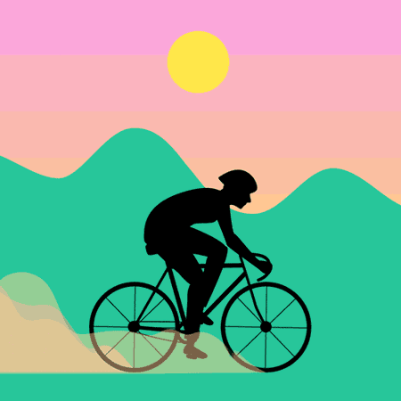 A black silhouette of a person riding a bicycle. Tan dust flies behind the bike. The biker is traveling on bright green ground and past bright green mountains. A gradient pink to orange sky with a yellow circle sun in the center.