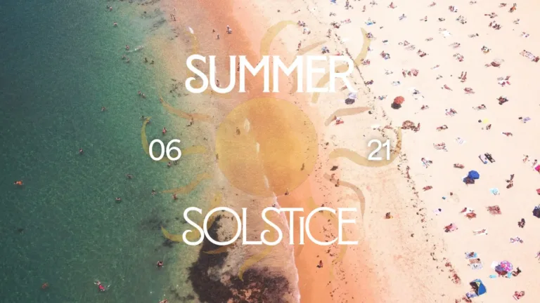 A birds-eye photo of a beach. The left side shows the ocean water, and the right shows the sandy beach with people scattered a crossed it. A faint sun shape with wavy rays is in the center of the graphic. Large, white, decorative words sit below and above the sun. 'SUMMER' is in the top. 'SOLSTICE' is below. Small numbers, in the same white font, are on either side of the sun. 06 is on the left and 21 is on the right.