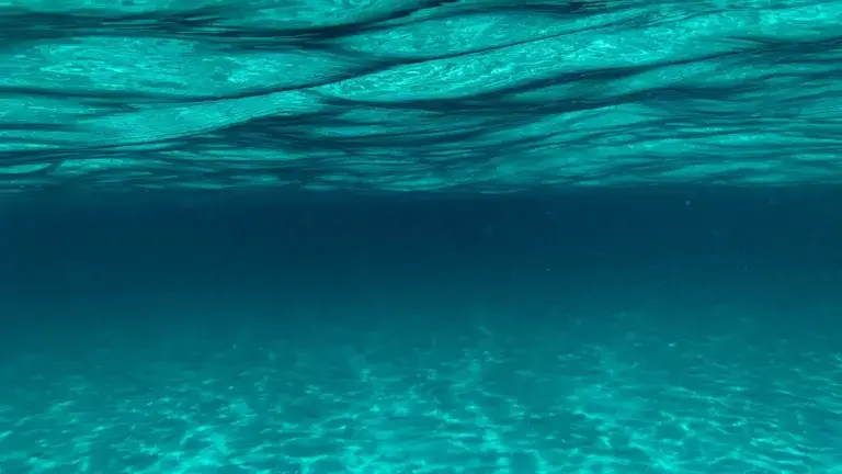 A photo of clear blue ocean water taken below under the water's surface.