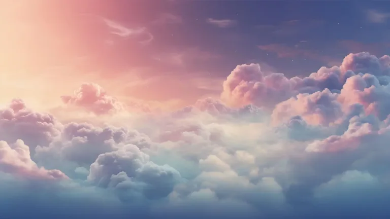 An ai generated image of above a cloudy sky. The fluffy clouds fill the bottom half and are in shades of blues, purples, and a some pink. The sky fills the rest of the image. The sun appears to be either rising or setting off the left side. The sky changes from a light, warm peach color in the left to a pink, and then a purple on the right side.