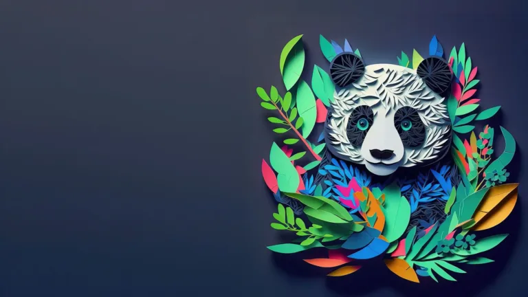 An ai generated panda with foliage around it fills the right side. The image appears to be made of cut paper. The background is a dark navy color.