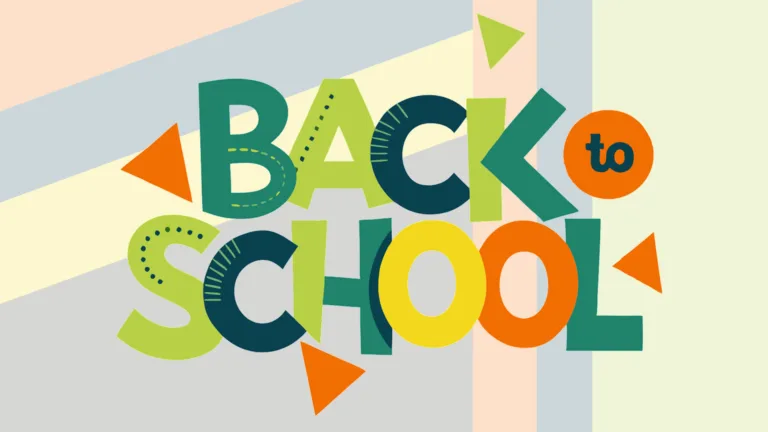 A faint background of blocks of green, navy, orange and yellow colors. In the center is AI generated text that says, "Back to School." Back and to are at the top with back being the largest and alternating between teal, green and navy letters. To is in a small orange circle and its letters are navy. School is below and large. Its letters alternate color in this order: green, navy, teal, yellow, orange, and teal. A sans font was used for all. Around the text are three triangle shapes; three orange and one green.