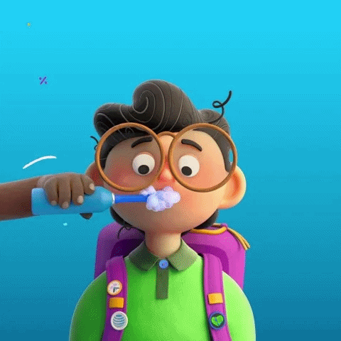 A cyan blue background with an animated kid standing in the center. The kid is wearing a neon green polo, large round glasses and bright purple backpack with pins in its straps. The kid looks around as arms stretch into the gif both sides. The arms are filling the backpack with supplies, and brushing the kids teeth