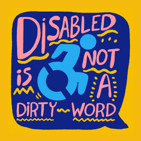 A gold background with a dark purple speech bubble filling the entire center. In the speech bubble is a cyan colored icon of a person in a wheelchair. The person is spinning the wheel. Around the icon are pink handwritten words that slightly jitter. All the words also have a gold zig-sag or wavy line below them. They read, "Disabled is not a dirty word."