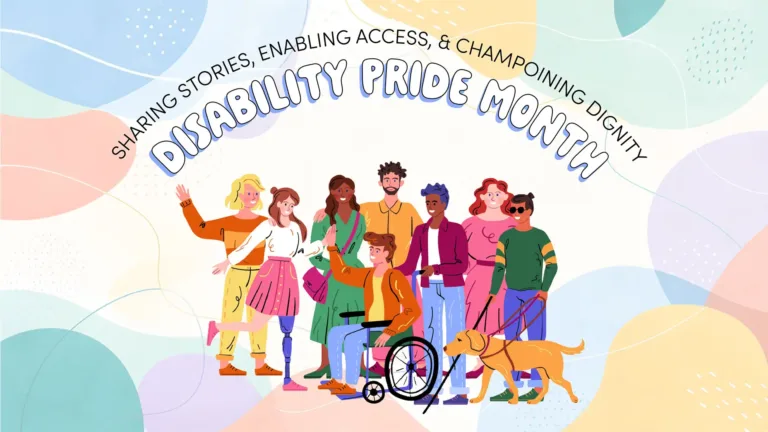 Large blobs of pastel colors fill the background, but leave he middle section mostly white. Centered near the bottom edge, an illustrated group of eight people and a dog. The people are happy, and interacting with each other. One of the persons is blind and has a gold color service dog. Two other people have visible disabilities. One is in a blue wheelchair and the other has a prosthetic leg. Arching above the people are two lines of text. The top most uses a smaller, black, sans font, which reads, 'SHARING STORIES, ENABLING ACCESS, & CHAMPIONING DIGINITY.' Then, "DISABILITY PRIDE MONTH" is below in large, white bubble letters, with a thin black outline and a lavender drop shadow