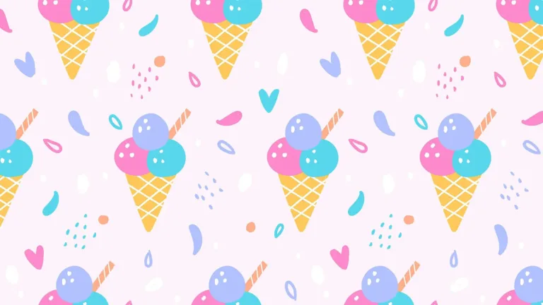 A pale, pastel pink background covered in ice cream cones filled with three scoops of ice cream. There is a purple, teal, and pink scoop in each cone. A tan stick is also stuck in the ice cream. Dashes, dots, and hearts are scattered around the cones in the same three colors of the scoops.